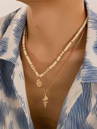 3 件套男士夏季椰壳和贝壳串珠项链，时尚百搭金属扁平蛇链项链，适合休闲、派对和礼物