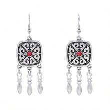 1 Pair Retro Tassel Earrings, Faux Turquoise Kazakh Boho Style Long Drop Earrings, Exotic Photo Earrings For Women