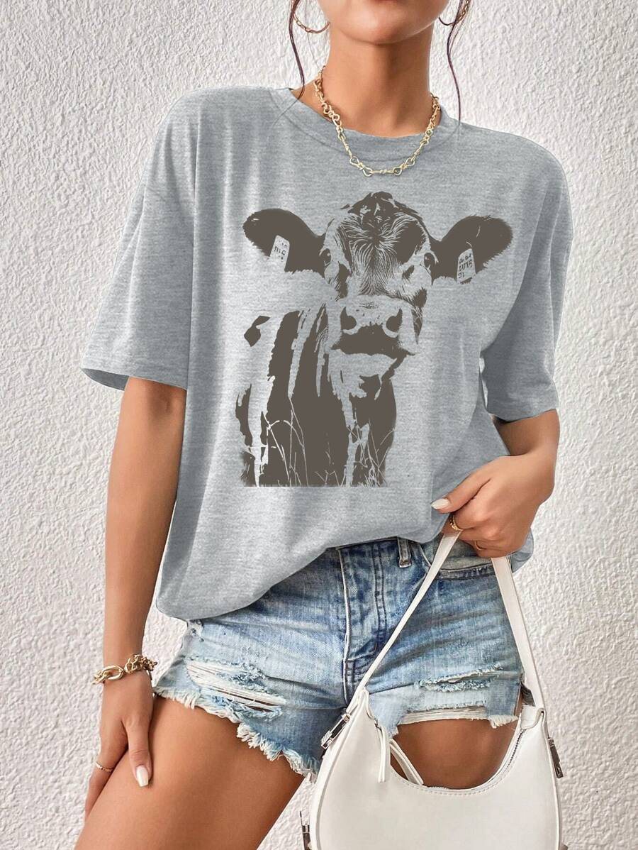 女士休闲百搭纯灰色圆领短袖 T 恤，简约日常休闲