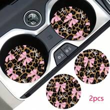 2 pièces Dessous de verre motif imprimé nœud léopard pour voiture, tapis de voiture stylé à séchage rapide et antidérapant