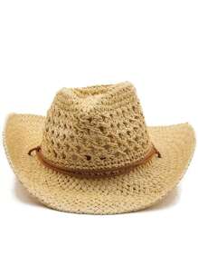 1pc Women Beige Hollow Woven Panama Hat, Cowboy Style With Wind Rope Suitable For Beach Vacation, Sun Protection And Casual Wear, Spring/Summer