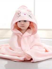 1入組嬰兒灰色熊耳刺繡圖案帶兜帽浴巾，可作毛毯使用