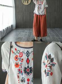 Women's Embroidered Blouse Cotton Linen Short Sleeve Peasant Boho Mexican Tunic Top Casual T Shirt - trắng - Xem 2