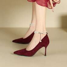 Escarpins à talons aiguilles et bout pointu nacré pour femmes - Rouge foncé - Voir 3