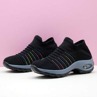 女士经典黑色休闲运动一脚蹬鞋、休闲鞋、摇摆鞋、舞鞋、针织气垫鞋