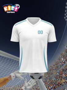 V-Neck Children's Soccer Jersey - Cruzeiro, Breathable, Quick-Dry, Spring/Summer Sports Top, Unisex Customizable With Name And Number, Comfortable, Breathable, Fitted For Sports, Leisure, Outdoor, Running, White & Blue Stripes - Multicolor - View 4