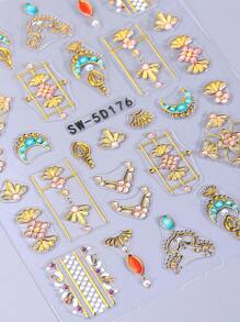 5D Metallic Bohemian Embossed Nail Stickers 2pcs Iridescent Gold Sun Gemstone Graphic Lace Enamel Necklace Moon Design DIY Holographic Engraving Self-Adhesive Gel Polish Decals Sliders Nail Art Decoration Salon Manicure Nail Supplies