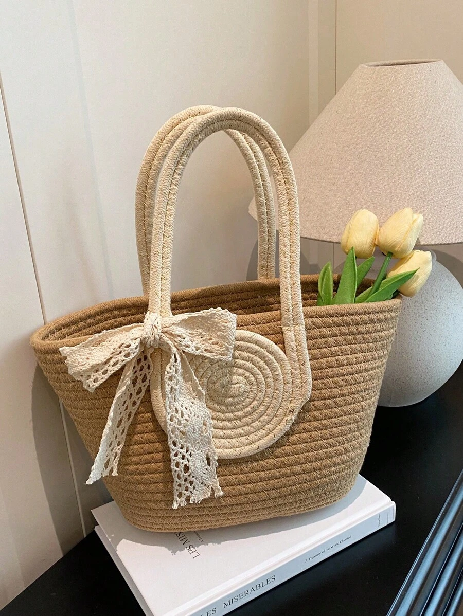 Two Tone Straw Bag Medium Double Handle Vacation,School Bag,Large Capacity,Portable,For Teen Girls Women College Students,White-Collar Workers,Perfect For Work, Back To School,Middle School,High School,College,Vacation, Vacation Bag For Summer, Beach Purse, Perfect For Summer, Vacation & Daily Use