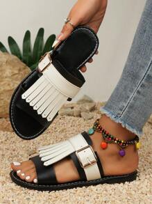 Giày Sandal Đế Bằng Có Trang Trí Tua Rua Cho Nữ, Giày Đi Biển Thường Ngày, Nhiều Màu Sắc - Đen và trắng - Xem 1
