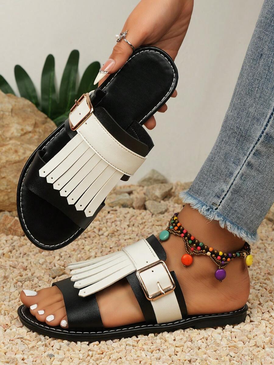 Giày Sandal Đế Bằng Có Trang Trí Tua Rua Cho Nữ, Giày Đi Biển Thường Ngày, Nhiều Màu Sắc - Đen và trắng - Xem 1