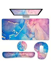 Un set de 4 piezas de alfombrilla de escritorio ergonómica extra grande de mármol: Alfombrilla de ratón extendida para juegos, soporte para muñeca de teclado, posavasos - Base antideslizante, borde cosido - Fácil de escribir, alivio del dolor - (35.4*15.7 pulgadas) - Para oficina, hogar, computadora, portátil