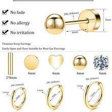 DAILI Set de 8 pares de pendientes dorados para mujer con múltiples perforaciones, de acero inoxidable y titanio, diseños con puntos, bolas, ópalo y circonita cúbica, calibre 20, conjunto de pendientes con aro y de botón con respaldo plano, aptos para pieles sensibles