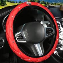 1pc Bling Rhinestone PU Leather Soft & Comfortable Car Steering Wheel Cover, No Inner Lining