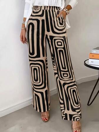 休闲时尚女式几何印花宽松阔腿裤，配有松紧腰带，适合办公室和休闲