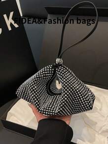 Y2K Fashion Sparkling Rhinestone Glossy Shoulder Handbag, Luxury High-End Elegant Suitable For Work, Shopping, Date, Wedding, Versatile Clutch - Black - View 8