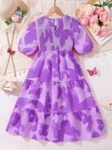 Left Mama Tween Girl' Sweet Round Neck Butterfly Print Puff Sleeve Smock Princess Dress, Summer