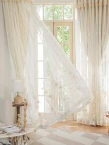 1 件优质刺绣双层薄纱遮光窗帘，雕花刺绣蕾丝透明窗板，适用于卧室、客厅