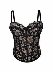 Women Floral Black Lace Trim Corset Overbust Waist Cincher Bustier Top