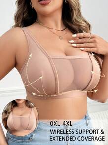 Plus Size Comfortable Solid Color Mesh Patchwork Wireless Bra - Apricot - View 1