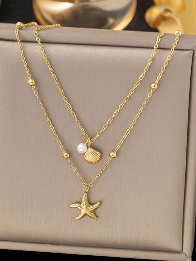 1pc Casual Ins 2025 New 18K Gold Stainless Steel High Protection Double Layer Shell & Starfish Pendant Necklace, Suitable For Women, Beach And Resort Wear, Waterproof Jewelry Accessory Gift, USA - No Gift Box Included