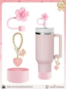 3pcs Accessories Designed For 30-40oz Cups, Pink Letter Cup Marker & Silicone Hibiscus Flower Straw Caps, , Reusable Straw Caps For 10mm Large Diameter Straws, Cute LetterStanley AccessorySelf-Adhesive Chenille Letter,Cup Accessories.Compatible With Stanley Backto School /Beach Essentials