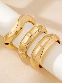 3 件/1 套简约几何波浪竹节形不对称金属手镯套装，适合女性，厚哑光金属和锌合金材质 - 明亮 - 查看 4