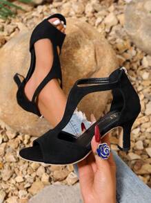 Modne, szykowne, zadziorne sandały damskie na wysokim obcasie z odkrytymi palcami, w małym rozmiarze, z odkrytymi palcami, na smukłym średnim obcasie, odporne na zużycie, zamszowe czółenka