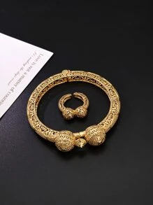 2pcs/Set Fashionable Minimalist Versatile Delicate Commuting Casual Hollow Ball Gold Color Bangle Bracelet & Ring Set For Women - Yellow Gold - View 5