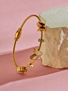 1 件时尚优雅心形和蝴蝶贝壳镶嵌水晶女士手镯，18K 镀金不锈钢螺旋手链，适合女性日常和节日 - 金黃色 - 查看 9