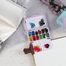 1 pieza Caja portátil de plástico de 12 colores para pintura de acuarela de viaje, estuche de almacenamiento de pintura mini, apto para materiales de arte