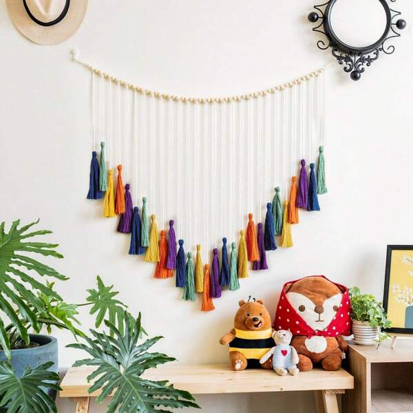 1pc Macrame Wall Hanging, Boho Style Colorful Tassel Wood Bead Wall Decor Flag Tapestry, Handmade Woven Wall Art Backdrop
