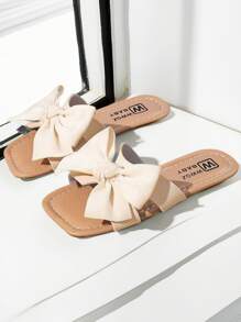 Girls' Solid Color Big Bow Style Square Toe Flat Sandals Are Lightweight And Breathable, Suitable For Home And Outdoor Use - Beige - View 5