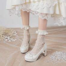 Tacones altos de mujer tipo Lolita con plataforma impermeable, perlas, lazo y tacón grueso hueco