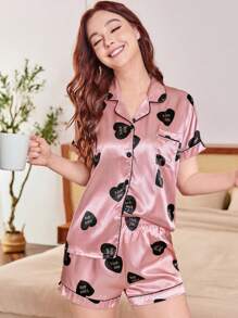 Short-Sleeved Pajama Set With Heart Letter Print And A Collared Button-Up Loungewear. - Watermelon Pink - View 1