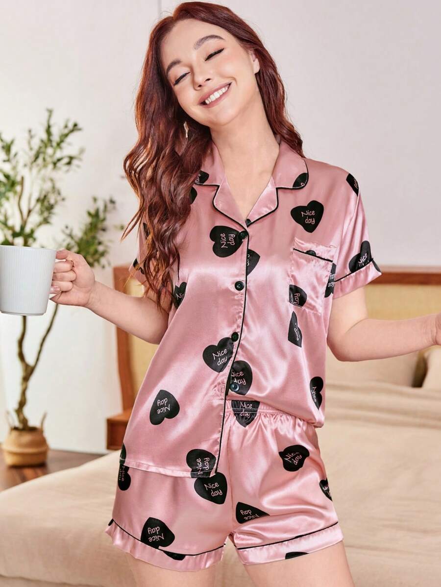 Short-Sleeved Pajama Set With Heart Letter Print And A Collared Button-Up Loungewear. - Watermelon Pink - View 1