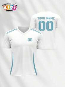 V-Neck Children's Soccer Jersey - Cruzeiro, Breathable, Quick-Dry, Spring/Summer Sports Top, Unisex Customizable With Name And Number, Comfortable, Breathable, Fitted For Sports, Leisure, Outdoor, Running, White & Blue Stripes - Multicolor - View 6