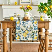 1PC Blue Lemon Iris Summer Table Runner, Seasonal Spring Kitchen Dining Table Decor For Home Party Decor - Blue and Yellow - View 5