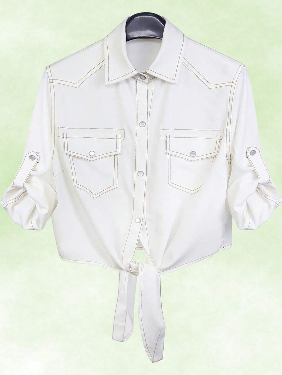 Women's Roll Up 3/4 Sleeve Shirt With Front Knot Chambray Denim Crop Top