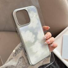 GUCADI 1pc Electroplated Silver Edged Hazy White Floral Oil Painting Style Resin Hard Case, Artistic & Elegant Aesthetic Phone Case Compatible With Apple 16/15/14/13 Series Waterproof Shockproof Anti-Fall Scratch Resistant - Multicolor - View 3