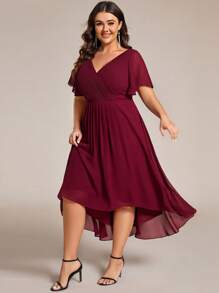 EVERPRETTY Plus Size Women Double V-Neck Ruffles Sleeve A-Line Chiffon Midi Wedding Guest Dress, Bridesmaid Dress