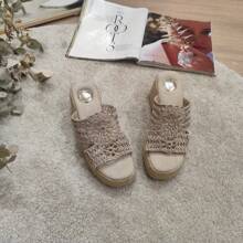 女士时尚系带坡跟凉鞋，厚底编织厚底凉鞋，优雅百搭，适合大学生，四季皆宜，简约实用的花卉图案拖鞋 - 米色 - 查看 3