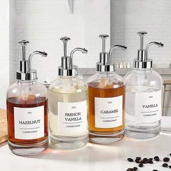 1pc 500ml/17oz Glass Coffee Syrup Dispenser Set With Pump Head & Funnel, Pump Action Dispenser Kit