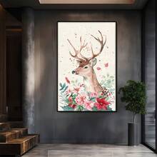 Watercolor Deer With Antlers And Flowers. Large Wooden Framed Wall Painting Artist Home Decoration Oil Painting - Bedroom, Bathroom, Living Room, Office, Kitchen, Christmas Gifts - 1 Piece
