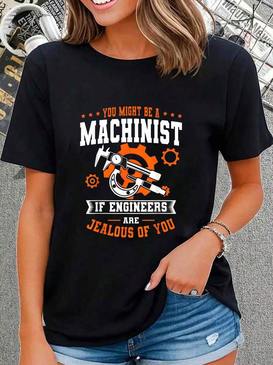 CNC Machinist Profession Machine Tools Operator Ma , Short Sleeve Crew Neck Shirt,Cotton Top For Women - 黑色 - 查看 1
