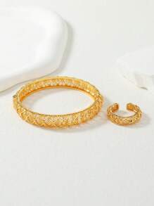 1 套复古景泰蓝镂空十字交叉图案手镯和戒指套装，女士奢华婚礼配饰 - 金色 - 查看 2