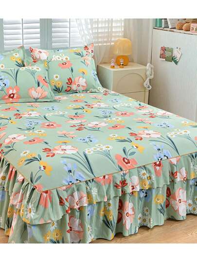 3 件套床裙套装（1 件床裙 + 2 个枕套），带褶边细节，柔软透气，适合卧室装饰