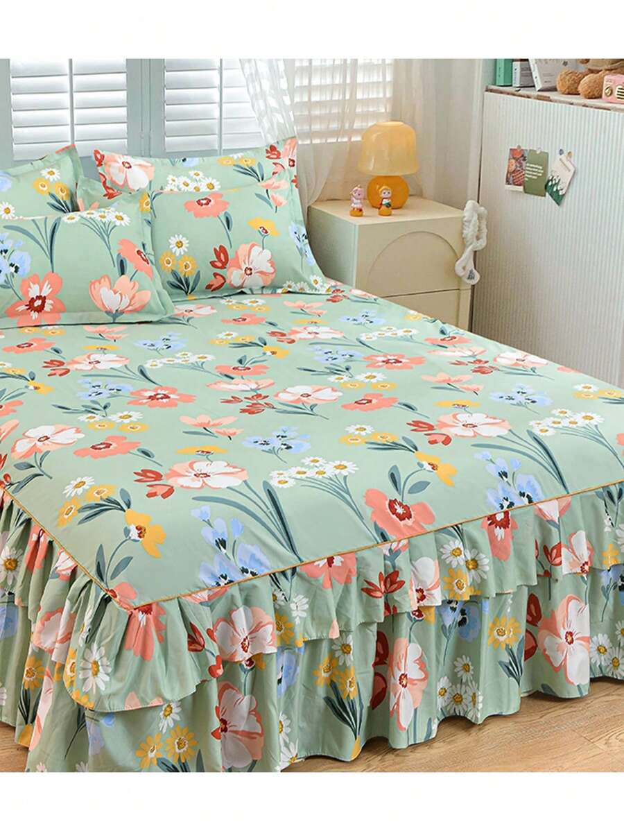 Set 3 pcs Sprei Ranjang (1 Sprei Ranjang + 2 Sarung Bantal), Dengan Detail Berumbai, Lembut dan Bernapas, Cocok untuk Dekorasi Kamar Tidur - Hijau - View 1