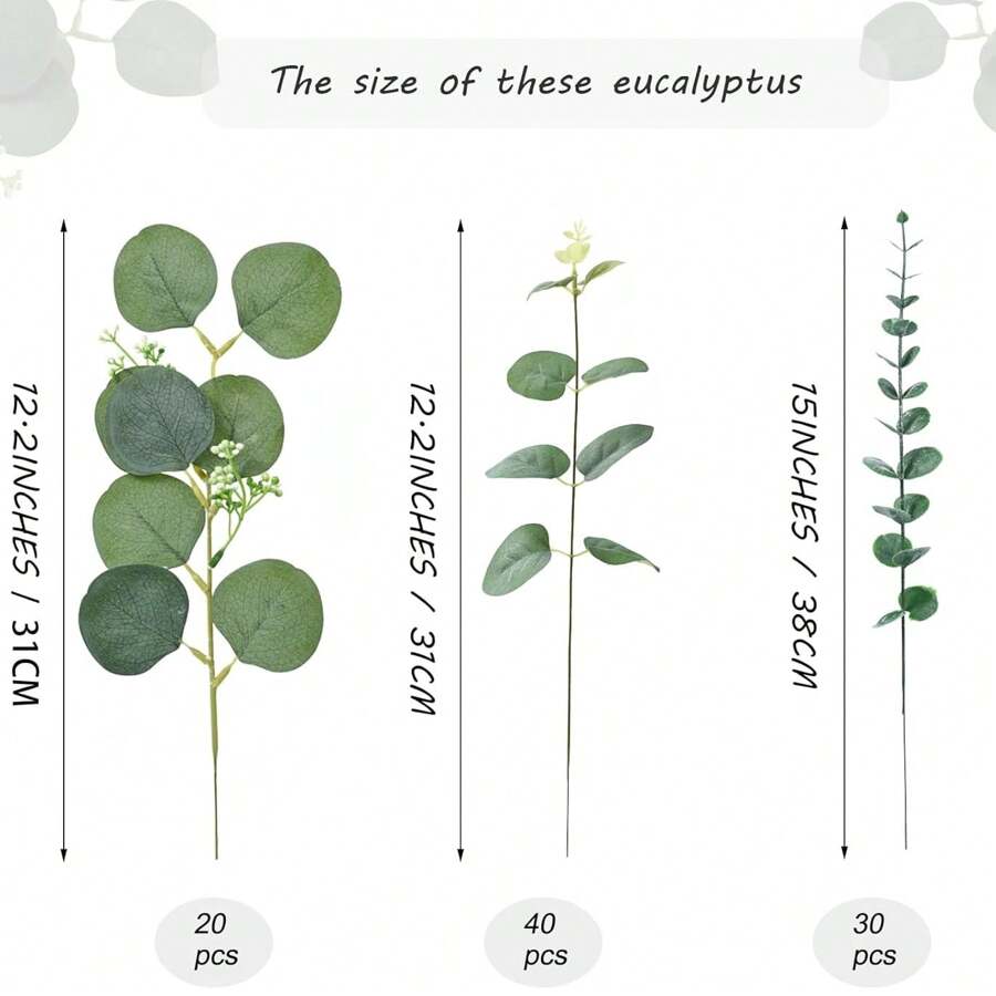 90pcs 3 Types Eucalyptus Leaf & Stem Artificial Silver Dollar Eucalyptus Leaves & Green Spray Artificial Greenery For Wedding Bouquet Decor Gifts Birthday Graduation - Green - View 1