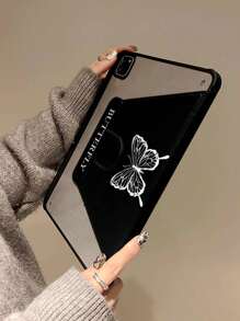 1 件优雅可爱蝴蝶与字母双面绘画设计 720 度旋转亚克力透明水晶背板防摔平板电脑保护壳带笔槽，兼容华为、iPad，节日礼物