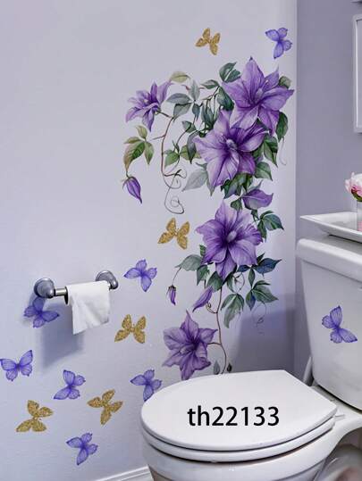 1pc Flower, Leaf & Butterfly Pattern Home Decor Wall Sticker, Purple Butterfly Floral Wall Stickers, PVC Self-Adhesive Wall Decal, Vinyl Decal For Home Decorations, Bathroom And Cabinet, Bedroom Sofa Backdrop Decor, Spring Decoration Items Refresh Your Home, Decoration Stickers, Easter Decoration Stickers-30*60cm/11.81*23.62in Home Bathroom Decor Bath Rug Floor Carpet Fall Decor Bathroom Accessories